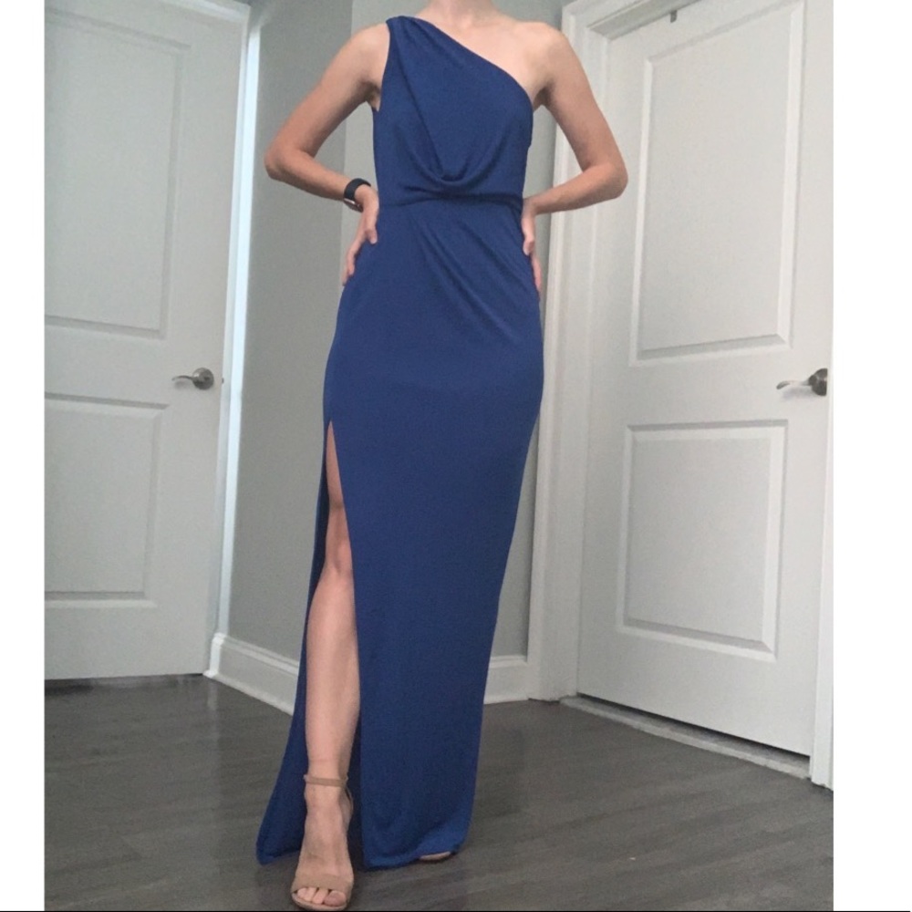 Bcbgmaxazaria | blue one shoulder formal dress | great for wedding guests!